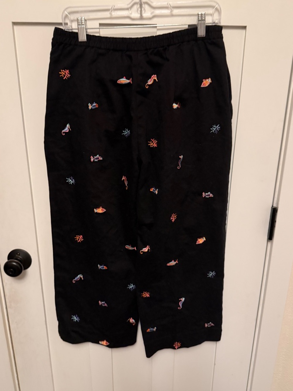 Coldwater Creek Crop Wide Leg Pants Womens 12 Black Embroidered Side Zip Casual
